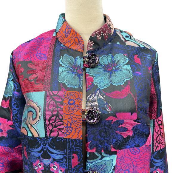 Berek Multicolored Satin Patchwork Jacquard Floral Print Collared Jacket - Picture 4 of 13